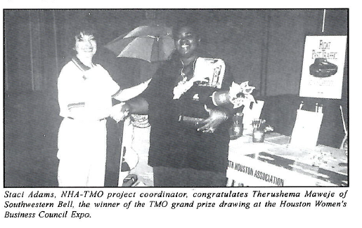 Staci Adams NHA-TMO, Project Coordinator Congratulates Winner, Therushema Maweje at the Houston Women’s Business Council Expo